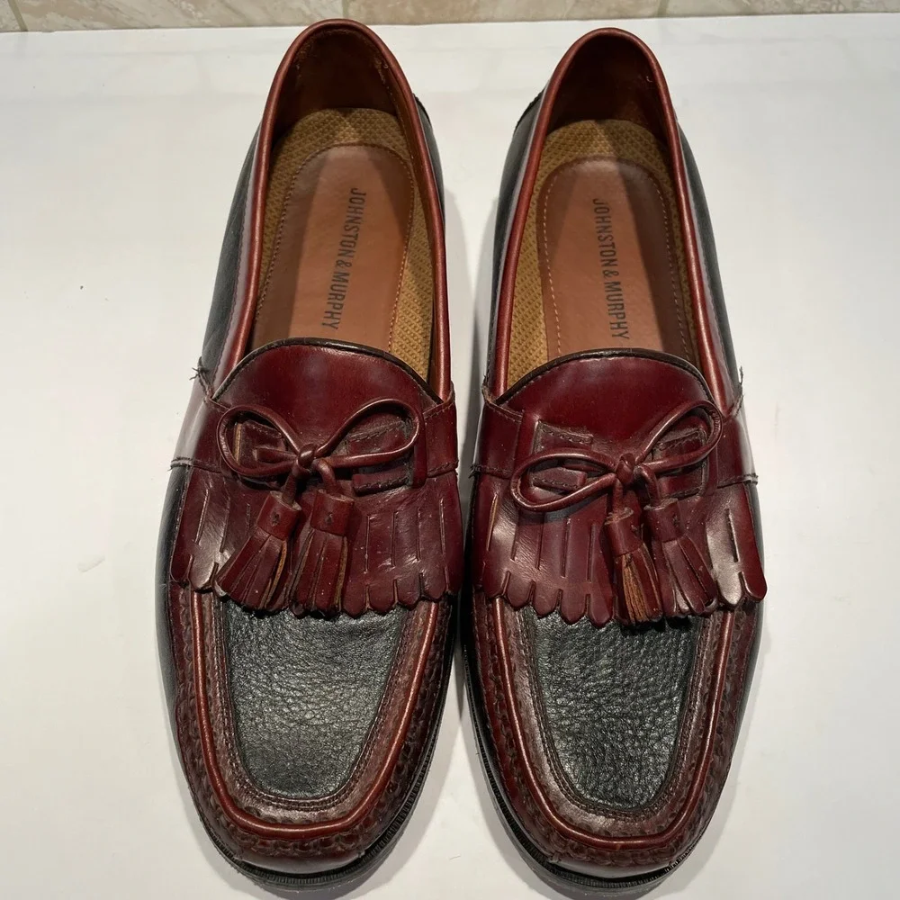 Johnston & Murphy Mens Kiltie Tassel Loafers 9M Black Burgundy Leather‎ 20-0592